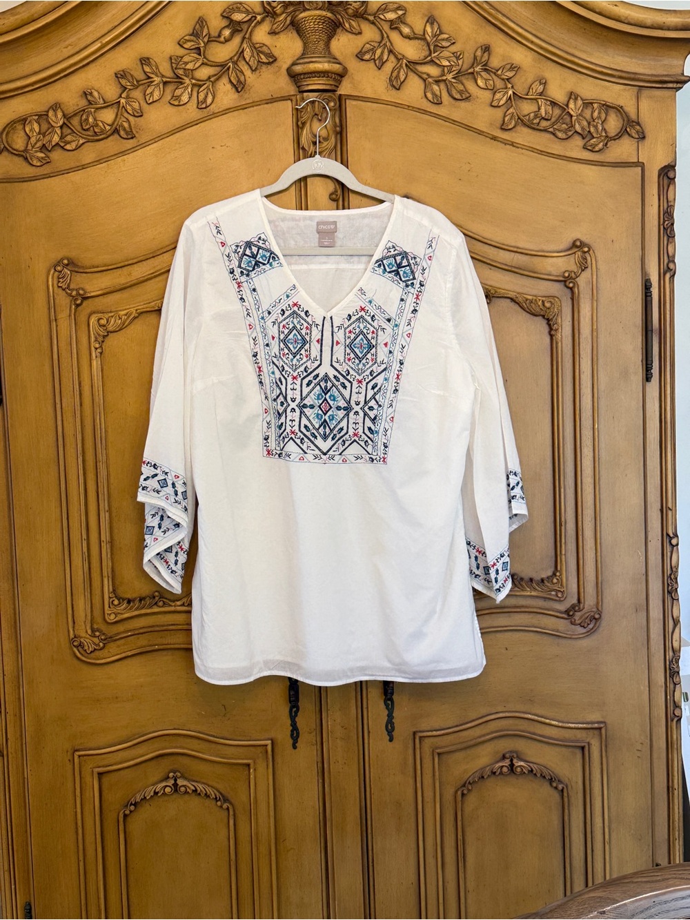 Chico's White Tunic with Blue & Pink Embroidered Panel - Picture 2 of 9